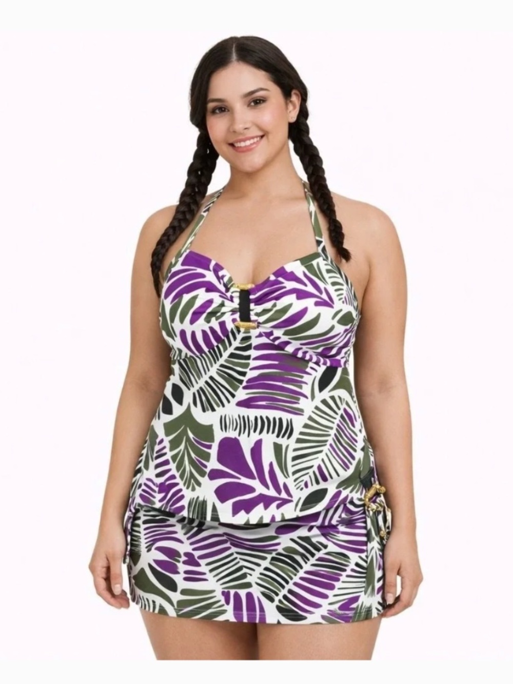 Lands' End Tropical Purple Green Palm Leaf Halter Tankini Swim Top Size 14